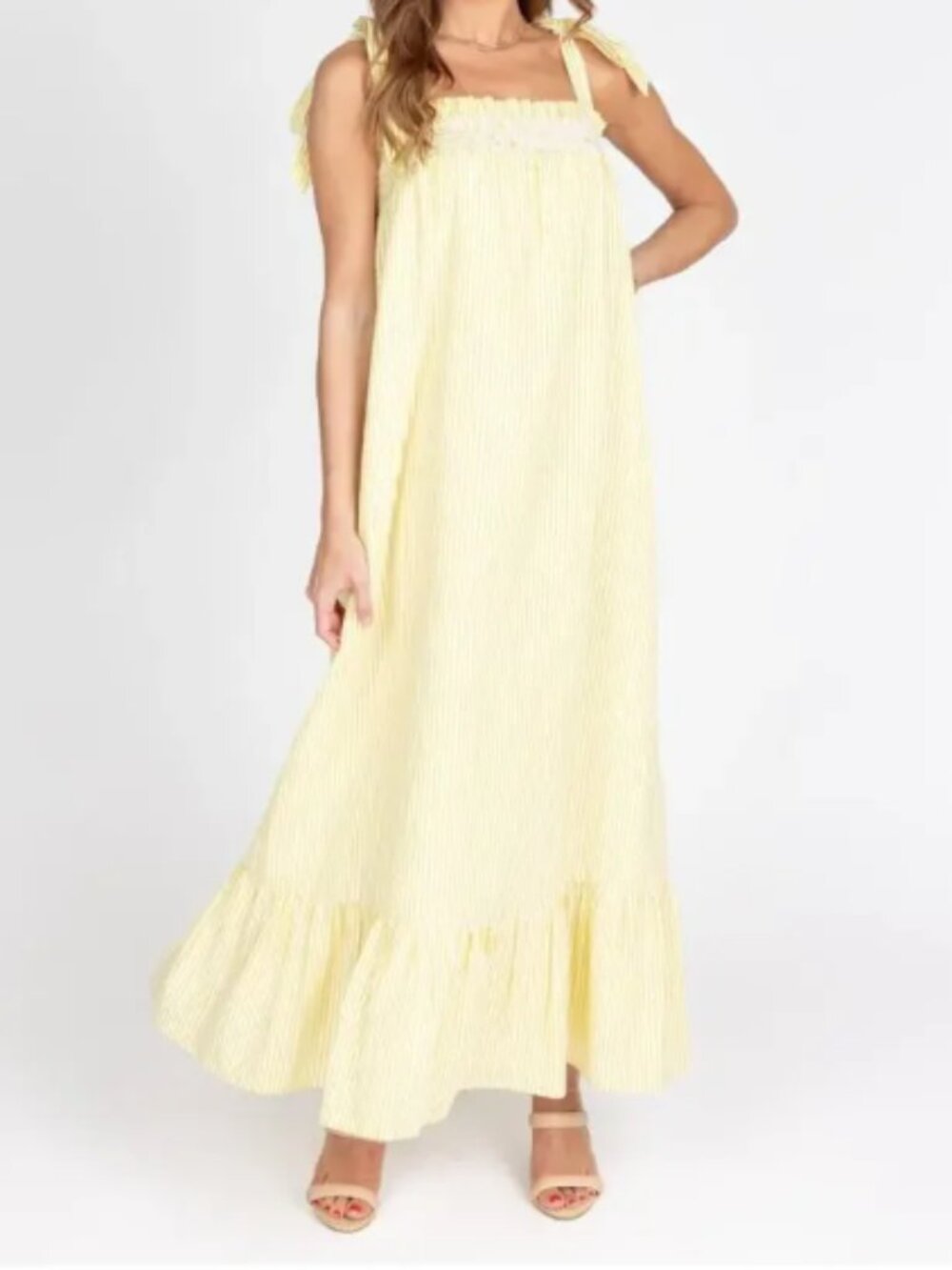 Avara Nicollete Maxi Dress, Adjustable Bow Straps, Yellow/White Stripes - Medium